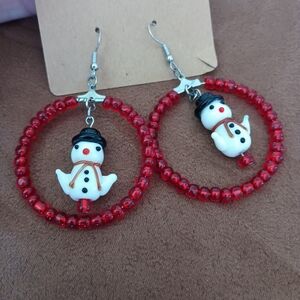 Handmade Red Beaded Hoop Earrings with Snowman Charms